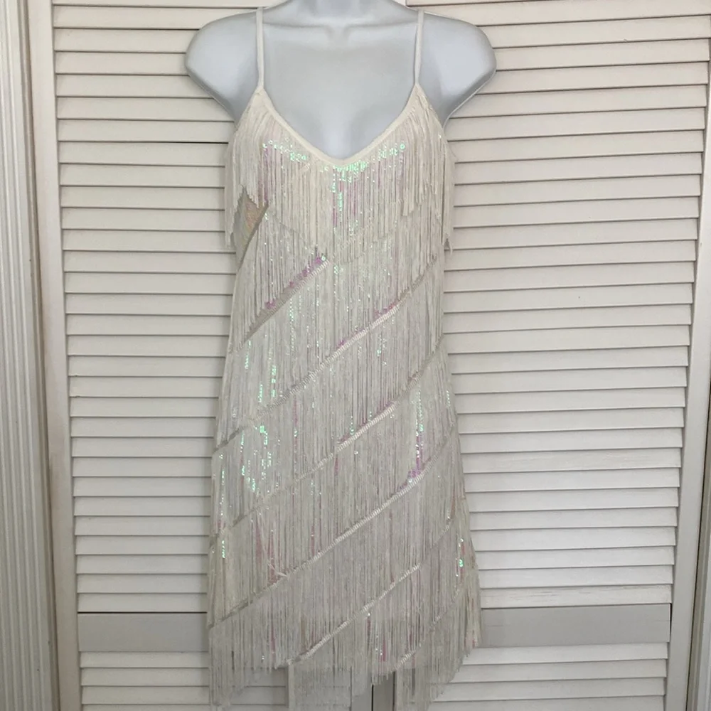 Vtg fringe white irridescent mini dress size XS approx 26.5 in long from pitt - Picture 2 of 6
